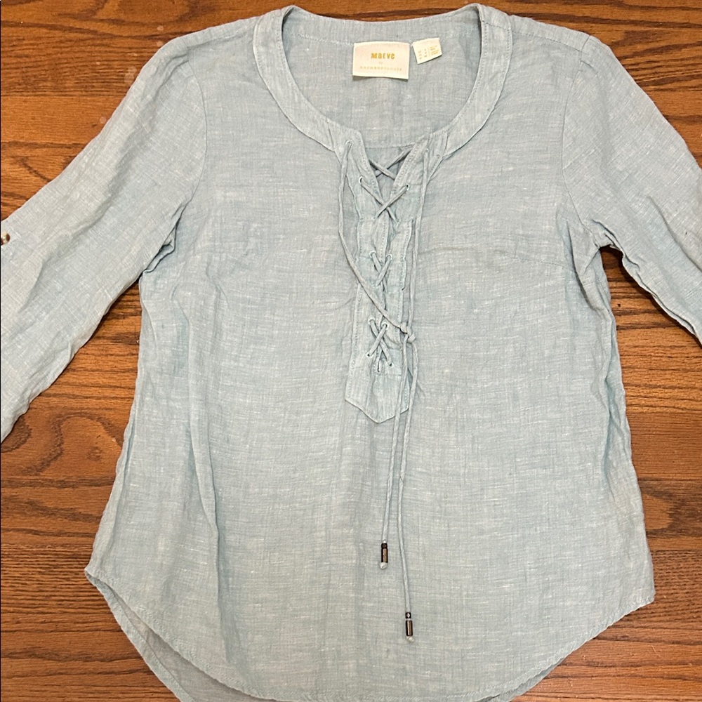 Anthropologie Light Blue Lace-Up Linen Blouse